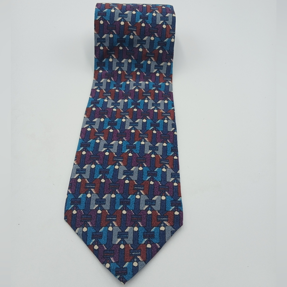 International Passport Men's Geometric Pattern Silk Tie in Blue and Purple